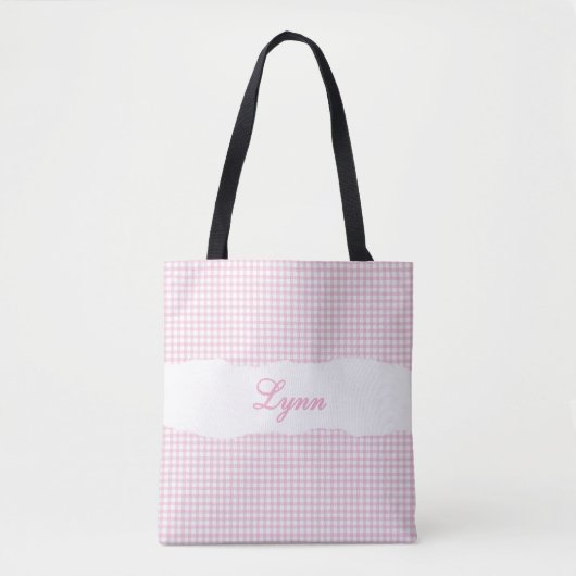 Classic Pink & White Gingham | Personalized Name Tote Bag (Voorkant)