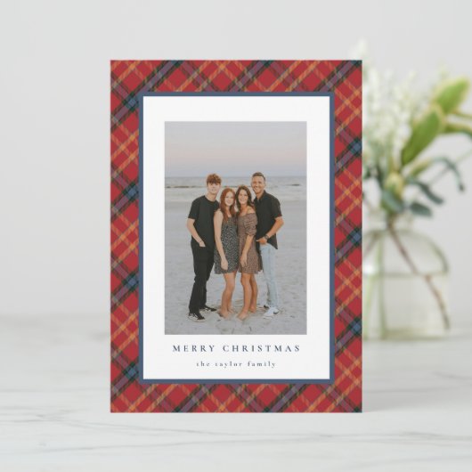 Classic Plaid Christmas Kaart Red en Navy Design (Staand voorkant)