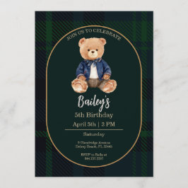 Classic Plaid Little Bear Birthday Invitation Kaart