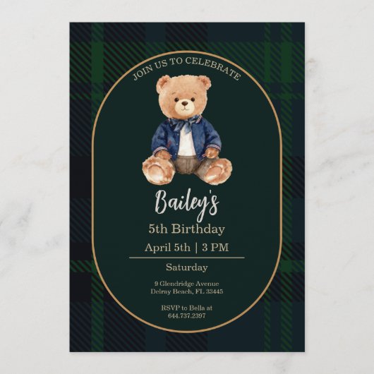 Classic Plaid Little Bear Birthday Invitation Kaart (Voorkant)
