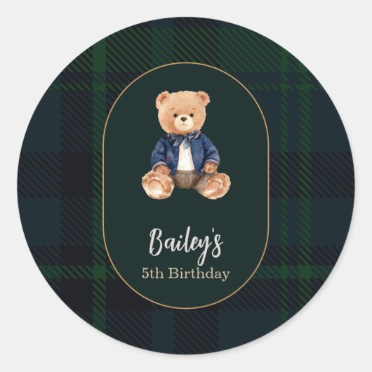 Classic Plaid Little Bear Birthday Ronde Sticker (Voorkant)