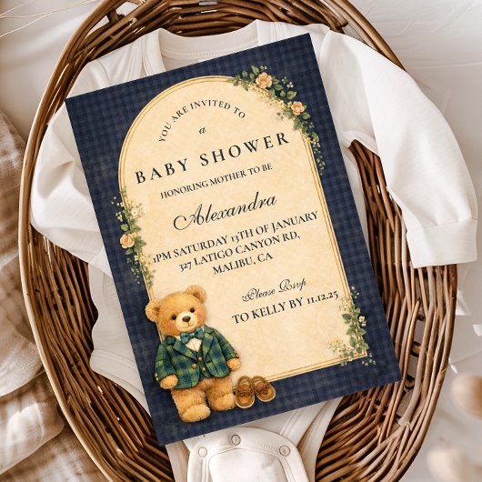 Classic Plaid Nursery Teddy Baby Shower Kaart