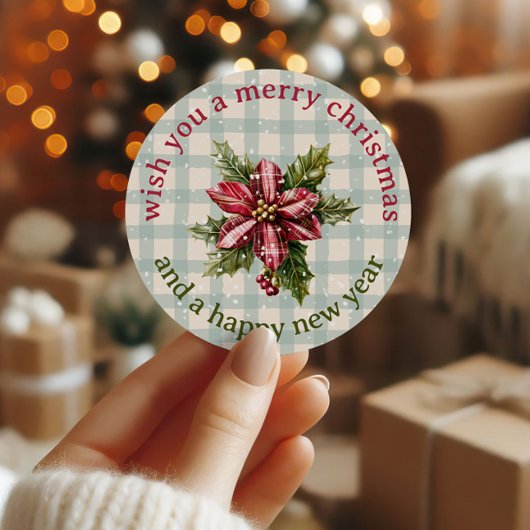 Classic Plaid Poinsettia Floral Merry Christmas Ronde Sticker