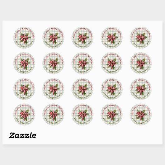Classic Plaid Poinsettia Floral Merry Christmas Ronde Sticker (Vel)