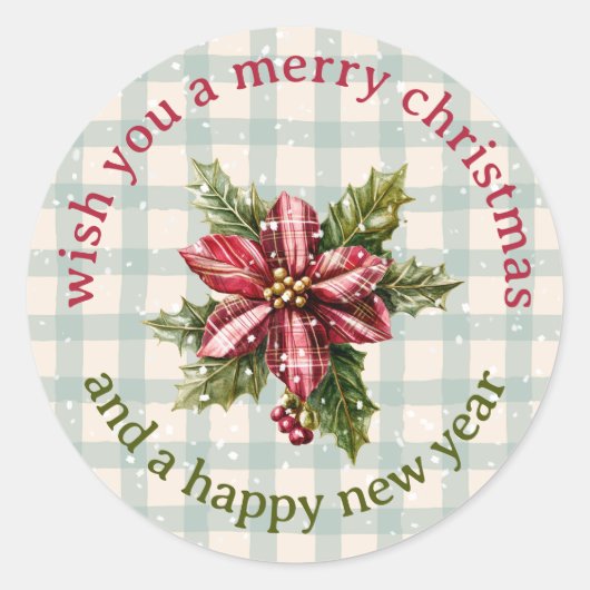 Classic Plaid Poinsettia Floral Merry Christmas Ronde Sticker (Voorkant)