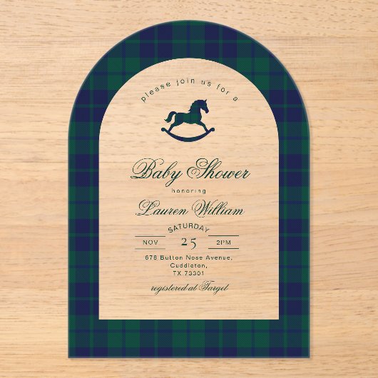 Classic plaid Rocking Horse Baby shower Acryl Uitnodigingen (Voorkant)