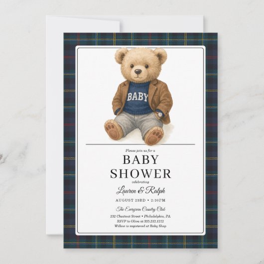 Classic Plaid Teddy Bear Baby Shower Kaart (Voorkant)