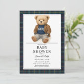 Classic Plaid Teddy Bear Baby Shower Kaart (Staand voorkant)