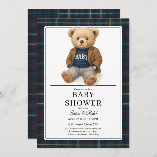 Classic Plaid Teddy Bear Baby Shower Kaart (Voorkant / Achterkant)