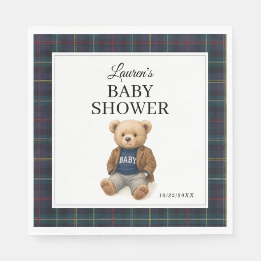 Classic Plaid Teddy Bear Baby Shower Napkins  Servet (Voorkant)