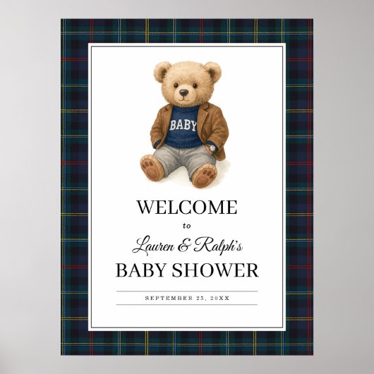 Classic Plaid Teddy Bear Baby Shower Poster (Voorkant)