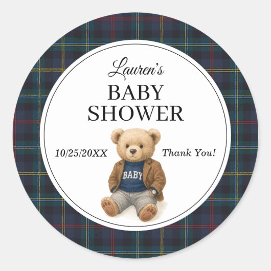 Classic Plaid Teddy Bear Baby Shower Stickers  (Voorkant)