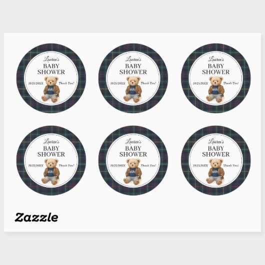 Classic Plaid Teddy Bear Baby Shower Stickers  (Vel)