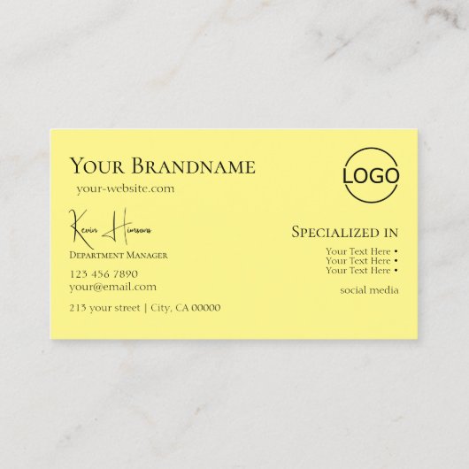 Classic Plain Black Yellow met monogram en Logo Visitekaartje (Achterkant)