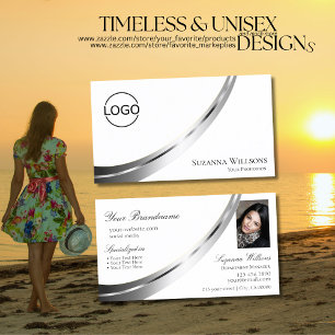 Classic Plain White Silver Decor Logo en foto Visitekaartje