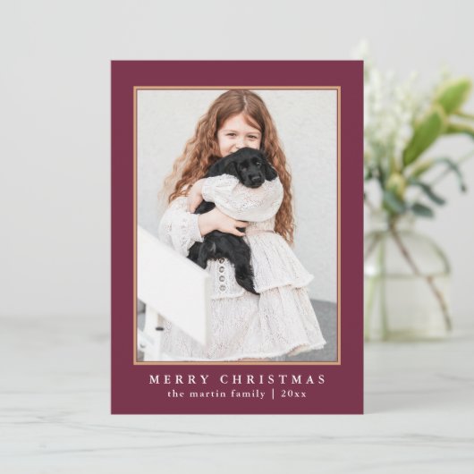 Classic Plum Check Pattern Merry kerst Foto Feestdagenkaart (Staand voorkant)