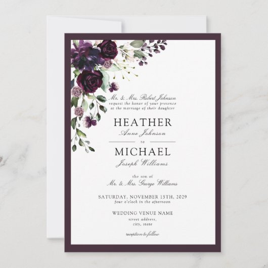 Classic Plum Paars Floral Waterverf Script Kaart (Voorkant)