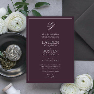 Classic Plum Paarse Calligraphy Monogram Weddensch Kaart