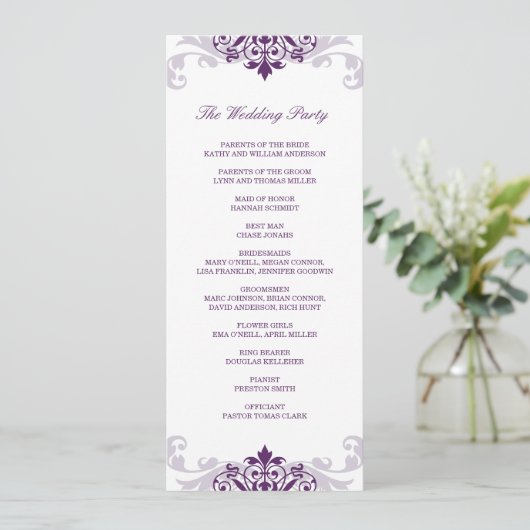 Classic Plum Paarse Elegante Ironwork Bruiloft Programmakaart (Staand voorkant)