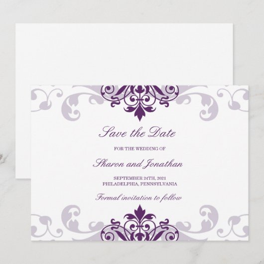 Classic Plum Paarse Elegante Ironworks Bruiloft Save The Date (Voorkant / Achterkant)
