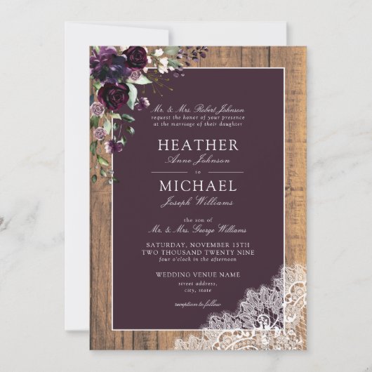 Classic Plum Paarse Rustic Wood Script Weddenschap Kaart (Voorkant)