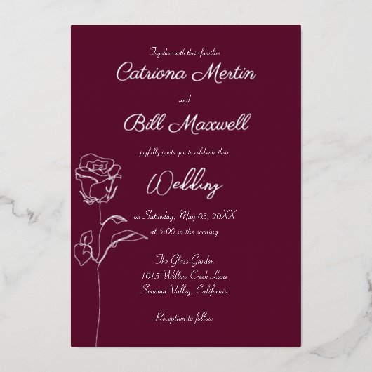 Classic Plum Paarse Silver Foil Wedding Invitation Folie Uitnodiging (Voorkant)