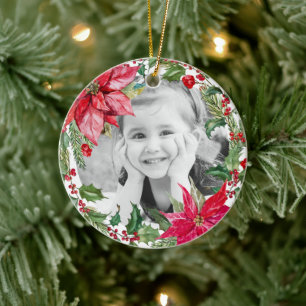 Classic Poinsettia Merry-kerstfoto Keramisch Ornament