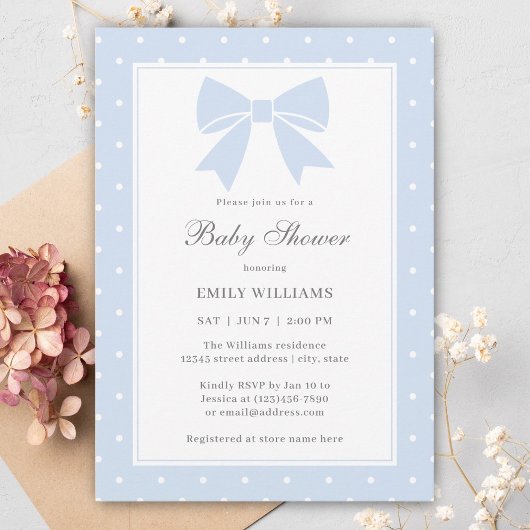 Classic Polka Dots Baby Blue Bow Boy Baby shower Kaart