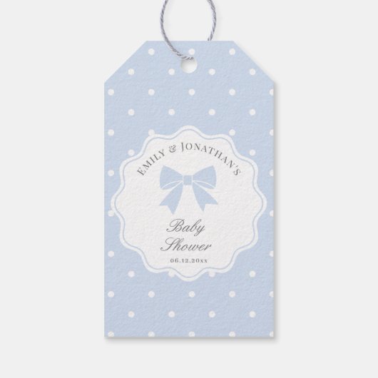 Classic Polka Dots Stoffig Blue Bow Boy Baby showe Cadeaulabel (Achterkant)