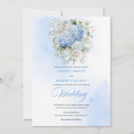 Classic Powder Blue Hydrangea Wedding Invitation Kaart (Voorkant)
