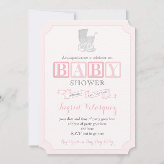 Classic Pram Girl Baby shower nodigt Spaans uit Kaart (Voorkant)
