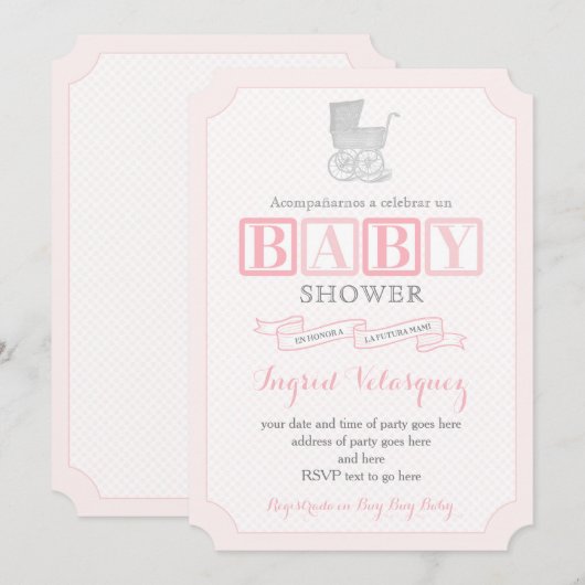 Classic Pram Girl Baby shower nodigt Spaans uit Kaart (Voorkant / Achterkant)
