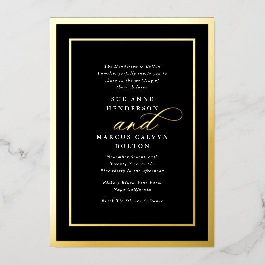 Classic Premium Zwart Formal Goud Lijst Bruiloft Folie Uitnodiging (Voorkant)