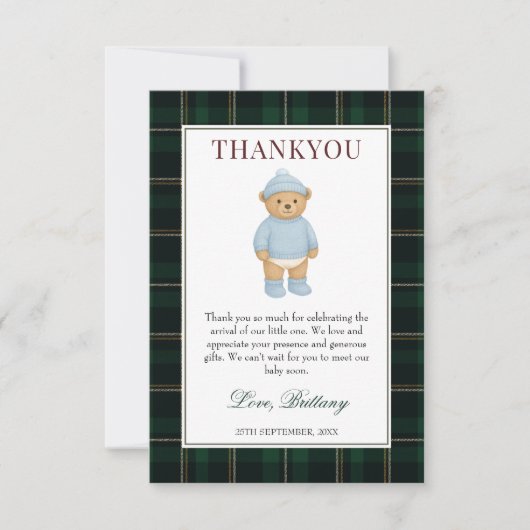 Classic Preppy Bear Designer Plaid Baby Shower Bedankkaart (Voorkant)