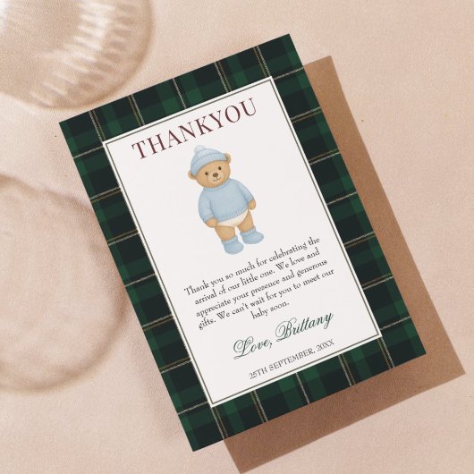Classic Preppy Bear Designer Plaid Baby Shower Bedankkaart