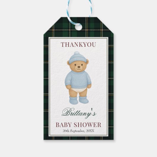 Classic Preppy Bear Designer Plaid Baby Shower Cadeaulabel (Voorkant)