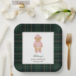 Classic Preppy Bear Designer Plaid Baby Shower Papieren Bordje