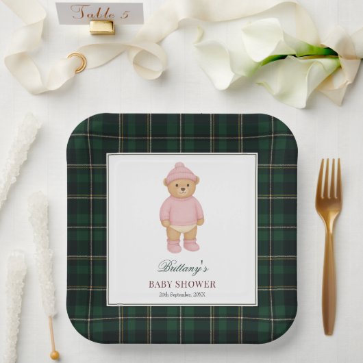 Classic Preppy Bear Designer Plaid Baby Shower Papieren Bordje (Huwelijk)