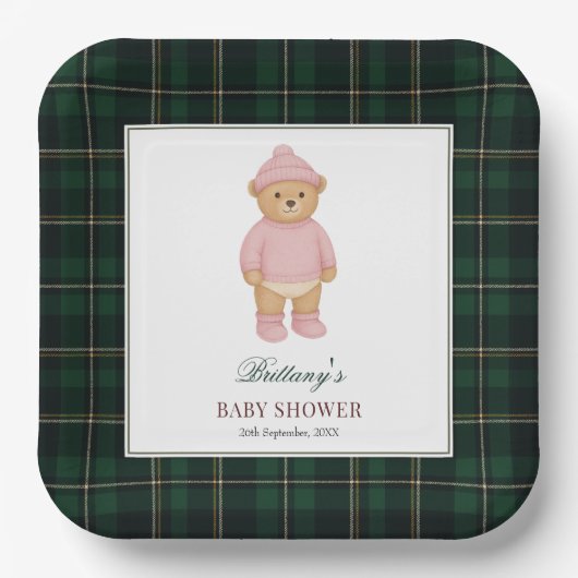 Classic Preppy Bear Designer Plaid Baby Shower Papieren Bordje (Voorkant)