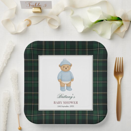 Classic Preppy Bear Designer Plaid Baby Shower Papieren Bordje (Huwelijk)