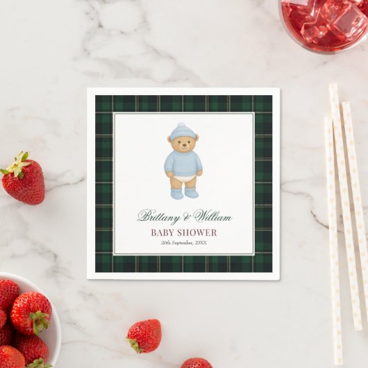 Classic Preppy Bear Designer Plaid Baby Shower Servet (Insitu)