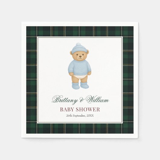 Classic Preppy Bear Designer Plaid Baby Shower Servet (Voorkant)