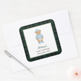 Classic Preppy Bear Designer Plaid Baby Shower Vierkante Sticker
