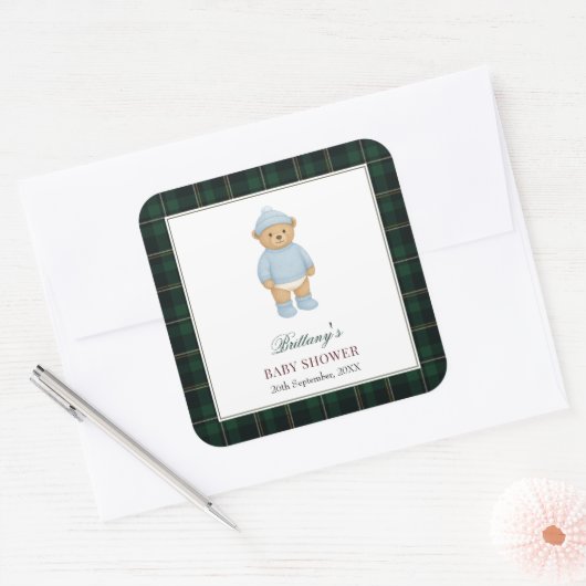 Classic Preppy Bear Designer Plaid Baby Shower Vierkante Sticker (Envelop)