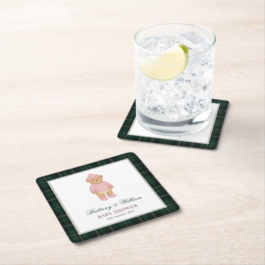 Classic Preppy Bear Green Tartan Plaid Baby Shower Kartonnen Onderzetters (Insitu)