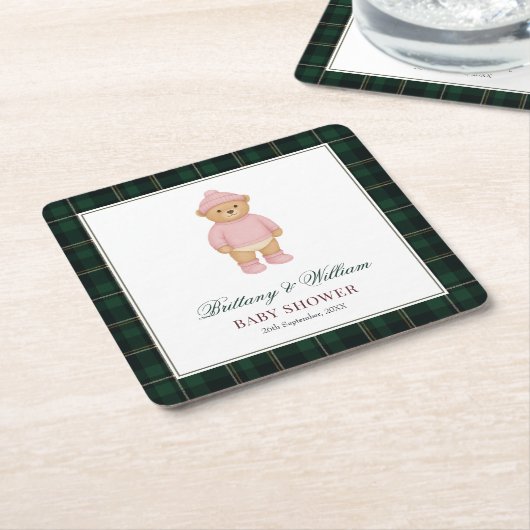Classic Preppy Bear Green Tartan Plaid Baby Shower Kartonnen Onderzetters (Schuin)