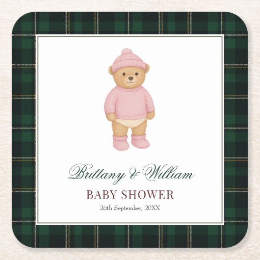 Classic Preppy Bear Green Tartan Plaid Baby Shower Kartonnen Onderzetters (Voorkant)