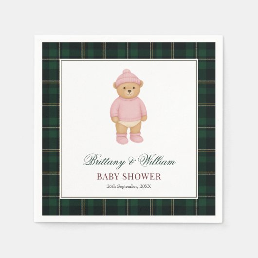 Classic Preppy Bear Green Tartan Plaid Baby Shower Servet (Voorkant)
