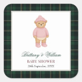 Classic Preppy Bear Pink Baby Shower Vierkante Sticker (Voorkant)
