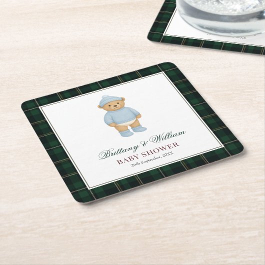 Classic Preppy Bear Tartan Plaid Baby Shower Kartonnen Onderzetters (Schuin)